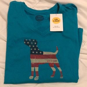 Life is Good Crusher V Neck Long Sleeve Flag Dog